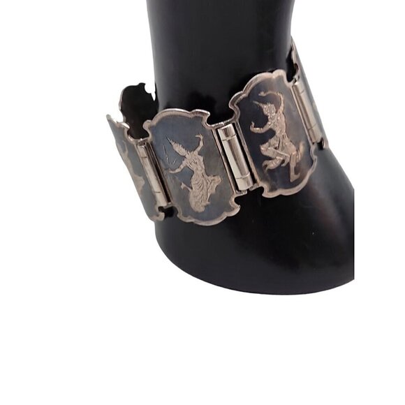 Siam Sterling Silver Bracelet 925 Niello Hindu Goddess Enamel Hinged Panel SZ 7 - Picture 3 of 16